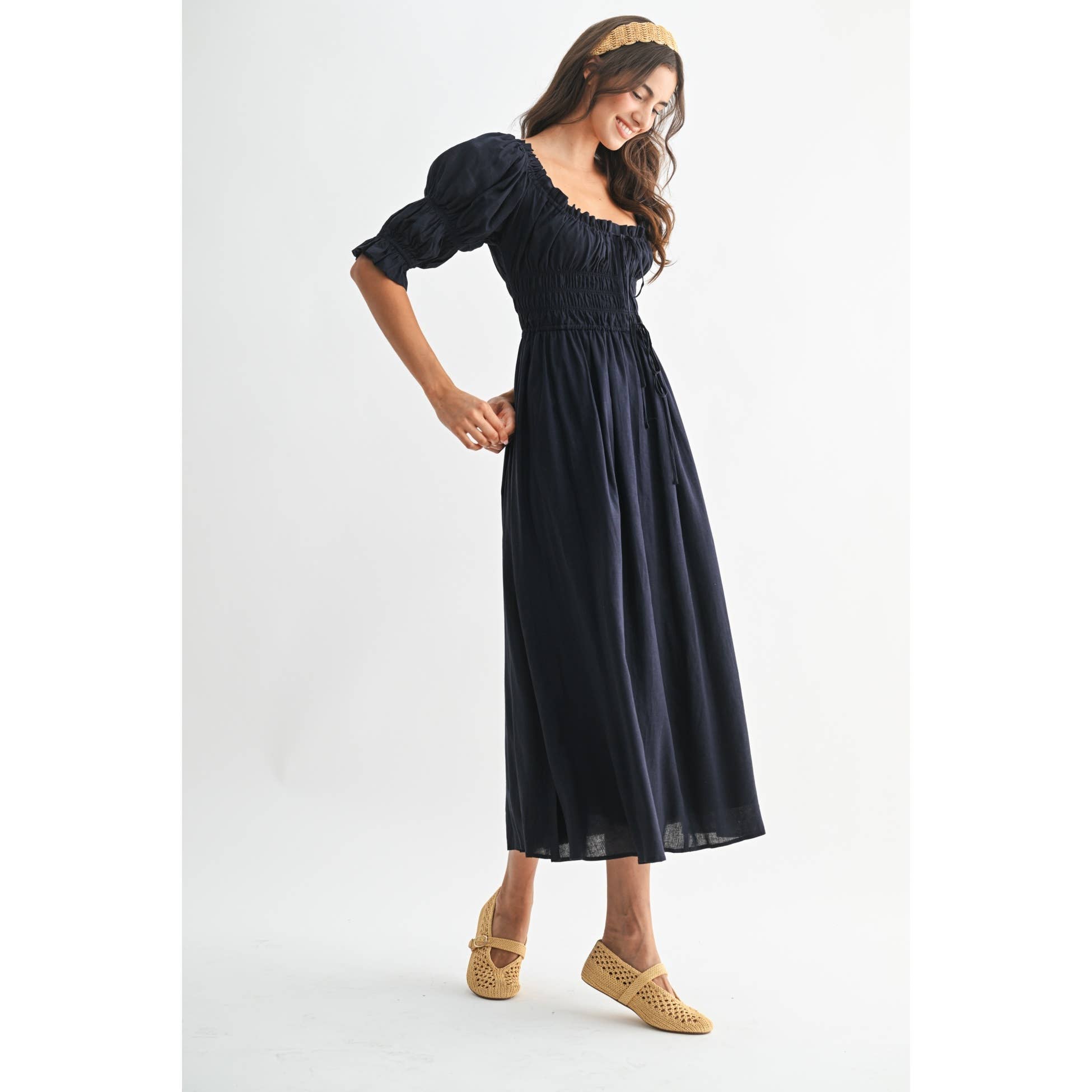 Navy Off or On Shoulder Pleated Maxi Dress