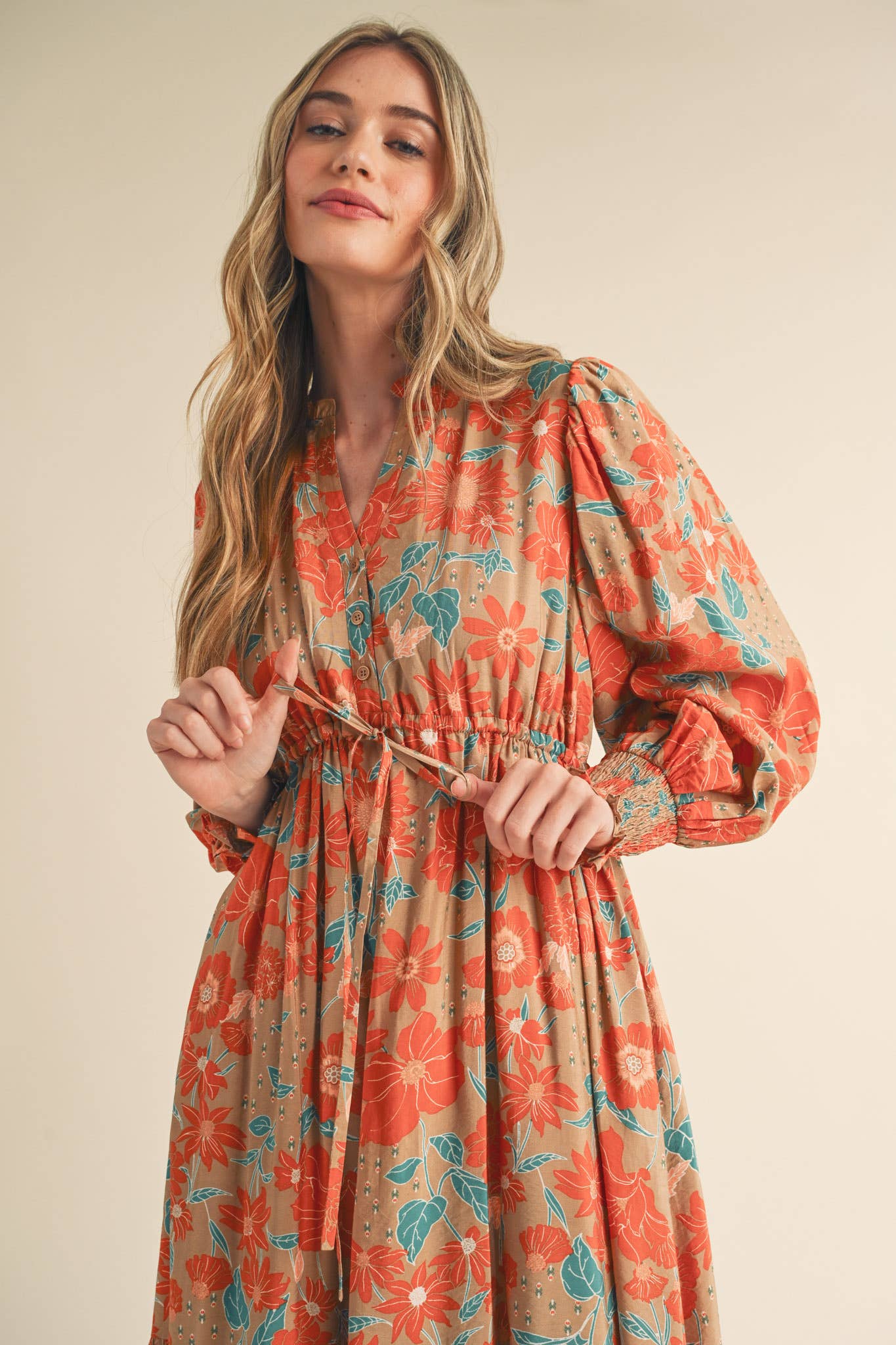 Cream with Rust/Teal Floral Ruffle Maxi Dress