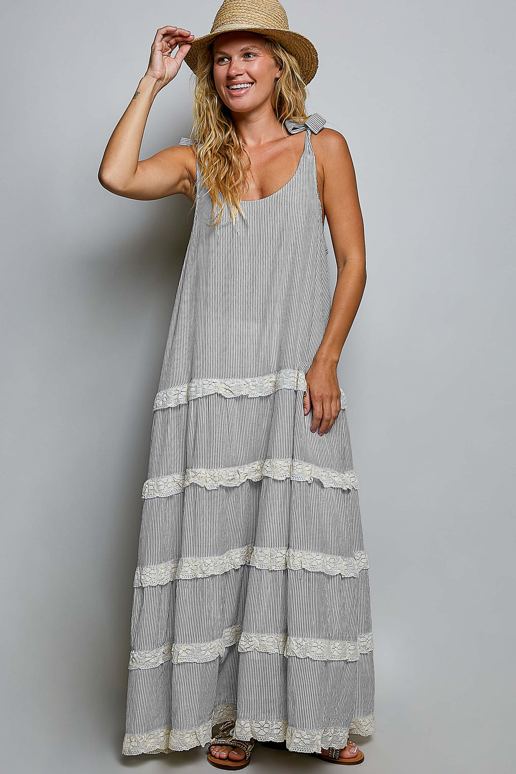 Ivory/Black Striped Tie Top Maxi Dress