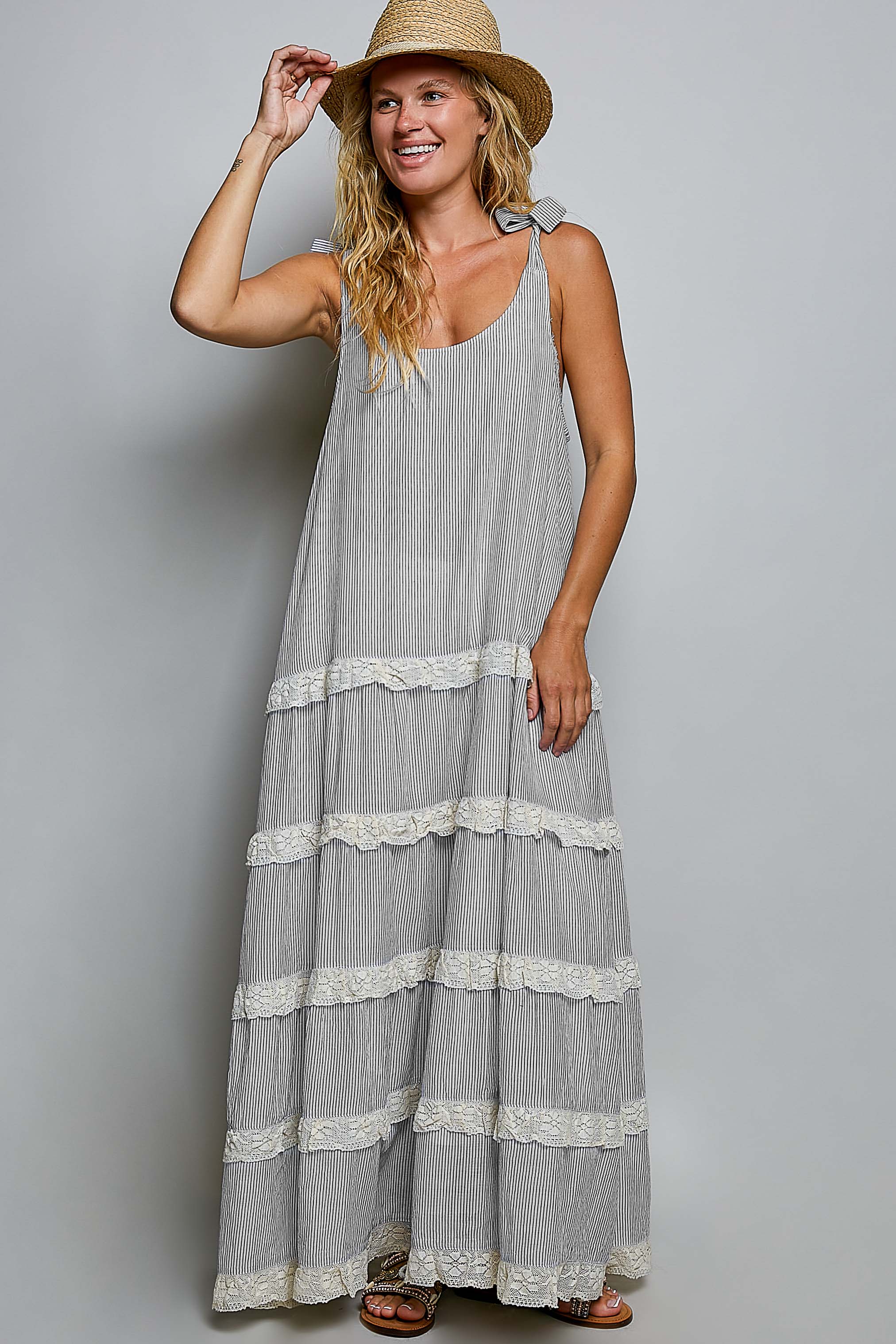 Ivory/Black Striped Tie Top Maxi Dress