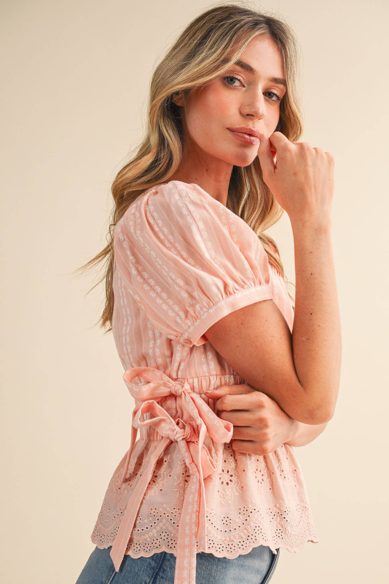 Denim Blue Striped Floral Eyelet Hem Peplum Top