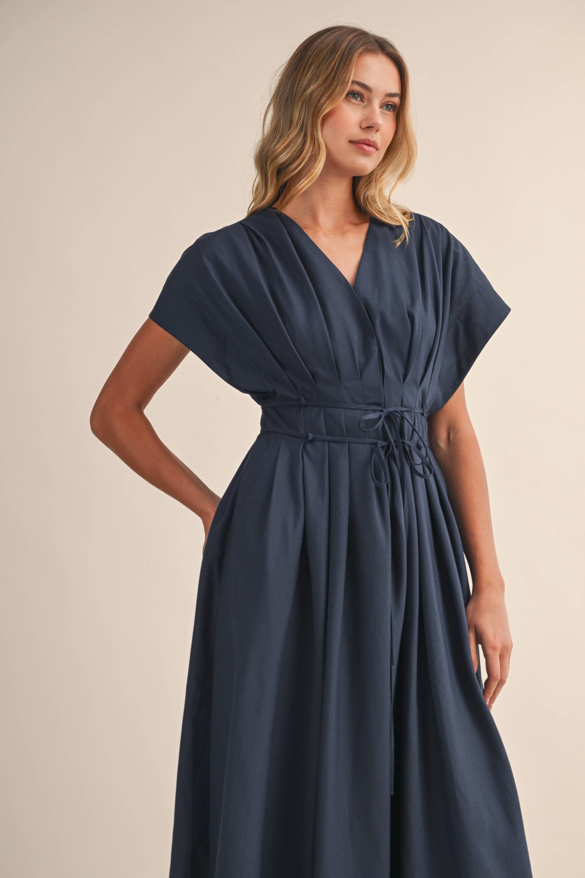 Navy Pleated Belt Mid Length Dress