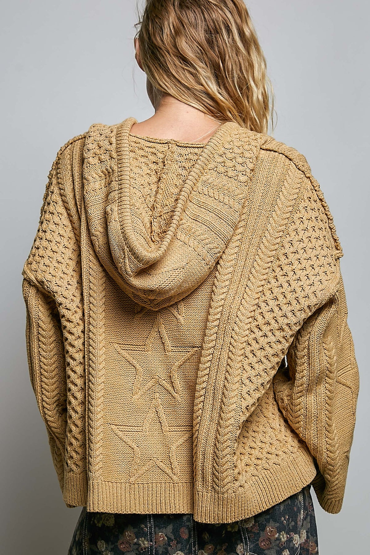 Mocha Star Lace Patch Hooded Acrylic Sweater Top