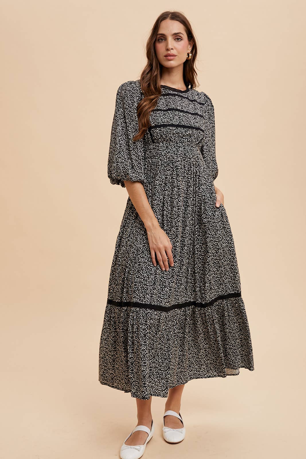 Black Spotted Maxi Dress with Lace Details
