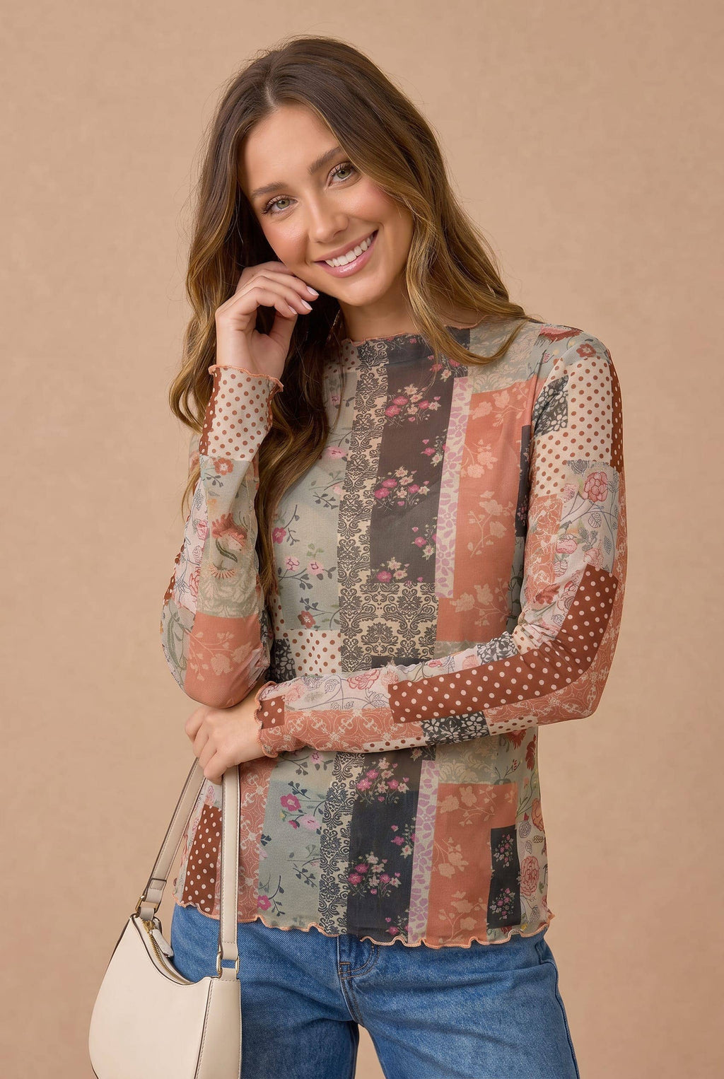 Plus Patchwork Mesh High Neckline Frilled Top