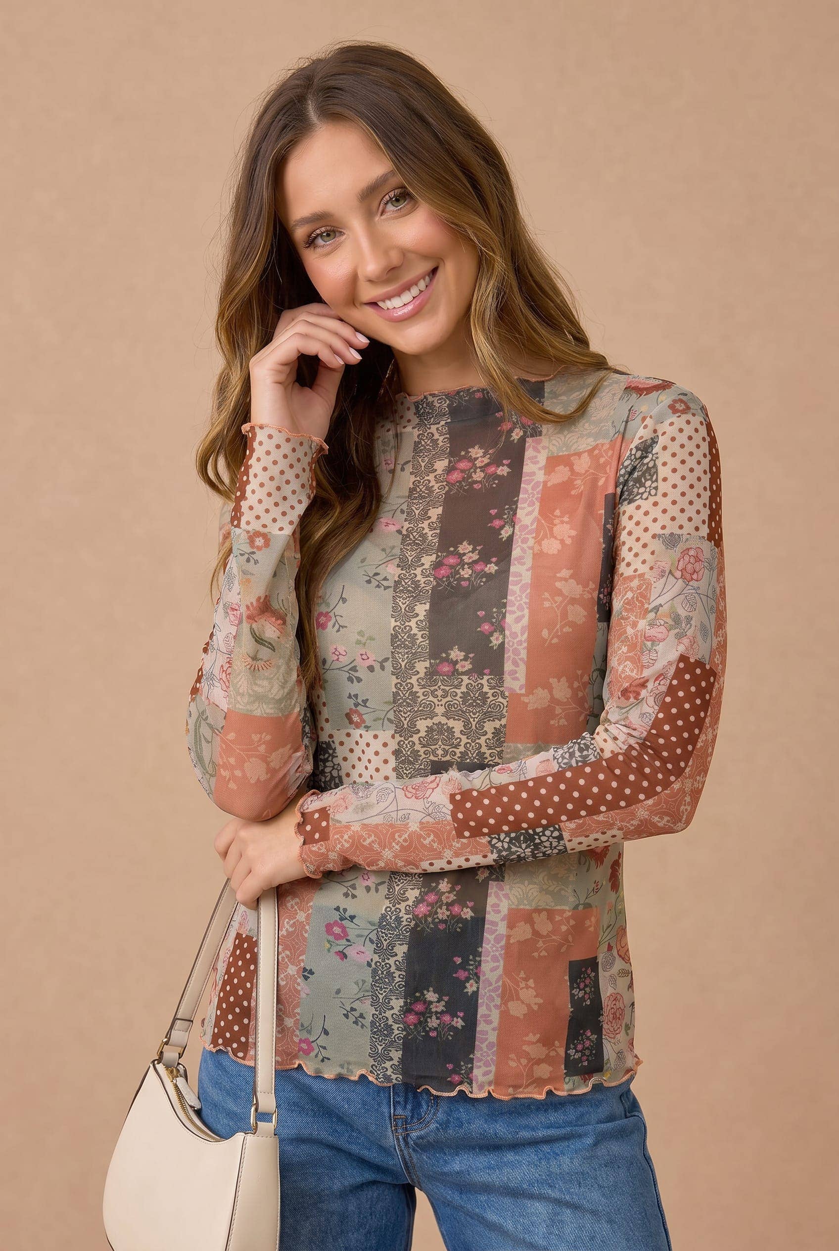 Plus Patchwork Mesh High Neckline Frilled Top