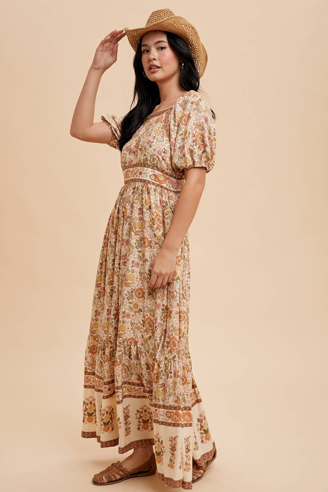 Dusty Blue Border Print Maxi Dress with Puff Sleeves