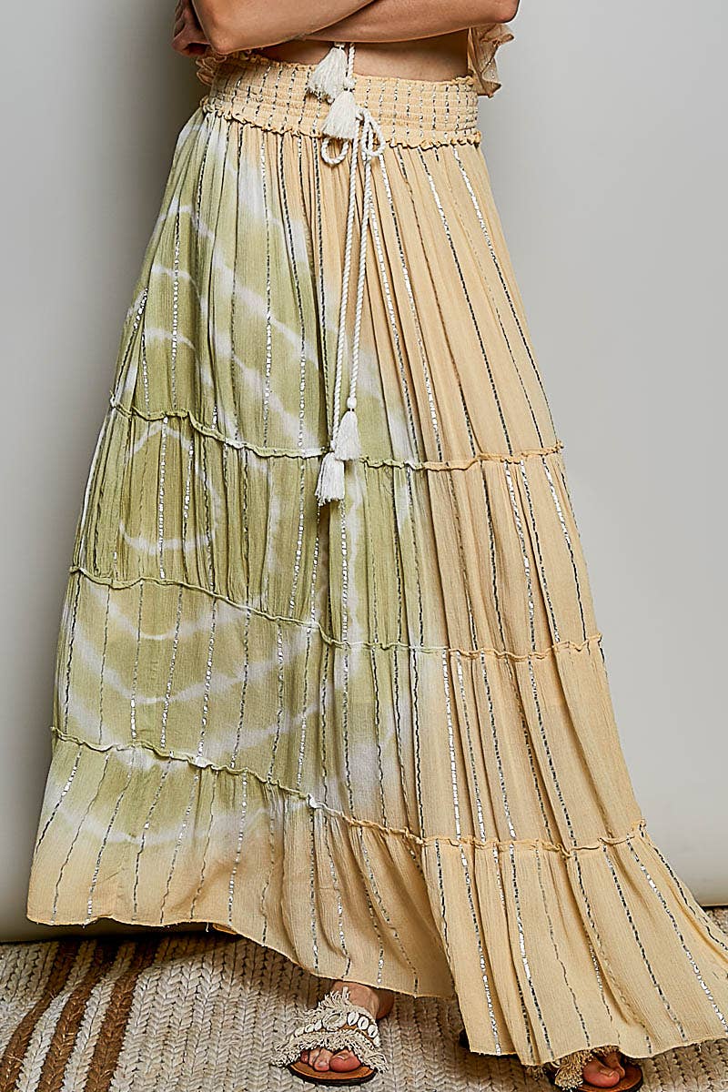 Coral/Olive Smocked Waist Tassel Tie Tiered Maxi Skirt
