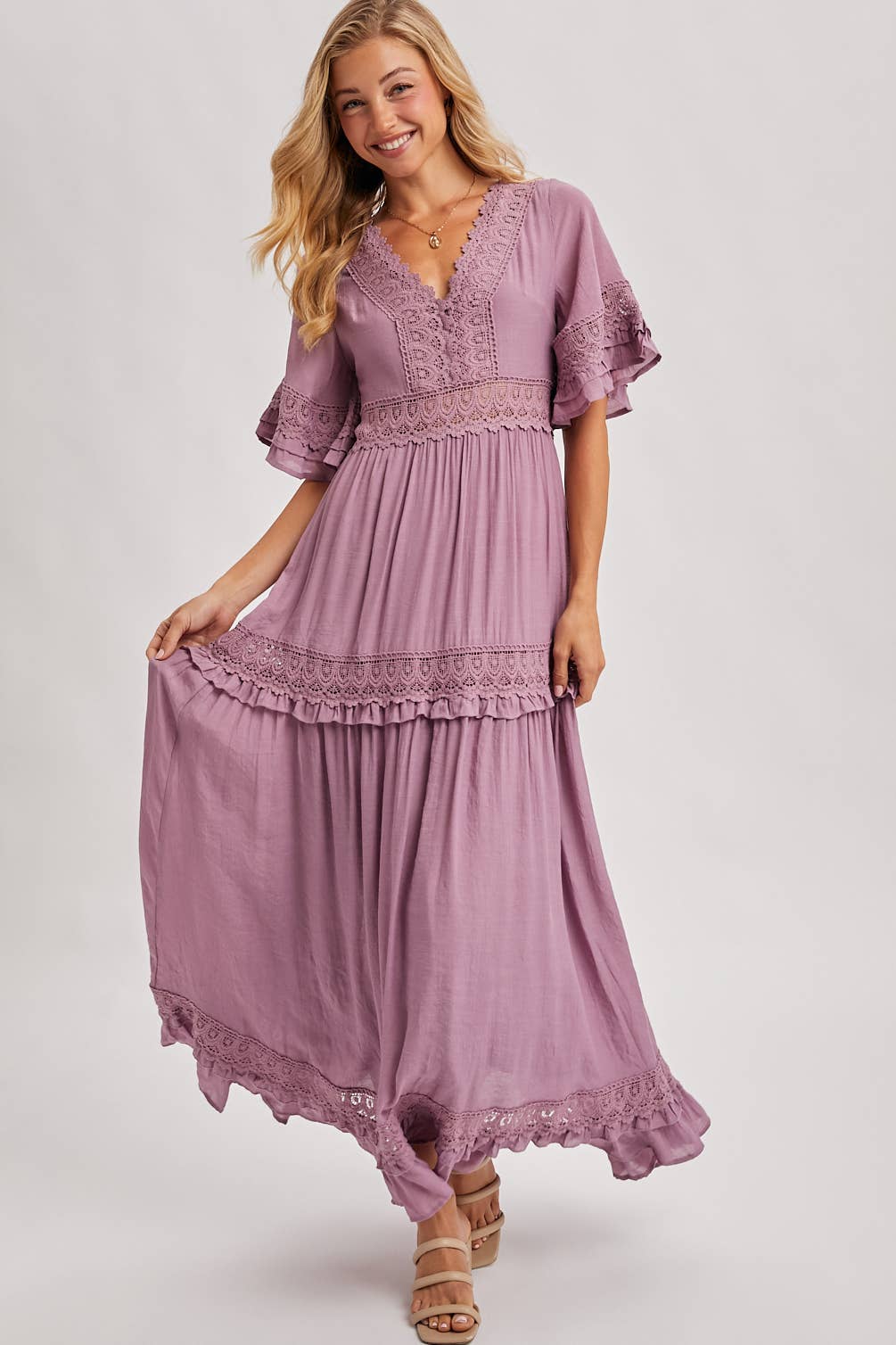 Lace V Neck Maxi Dress with Ruffle Sleeves (Olive & Ivory)