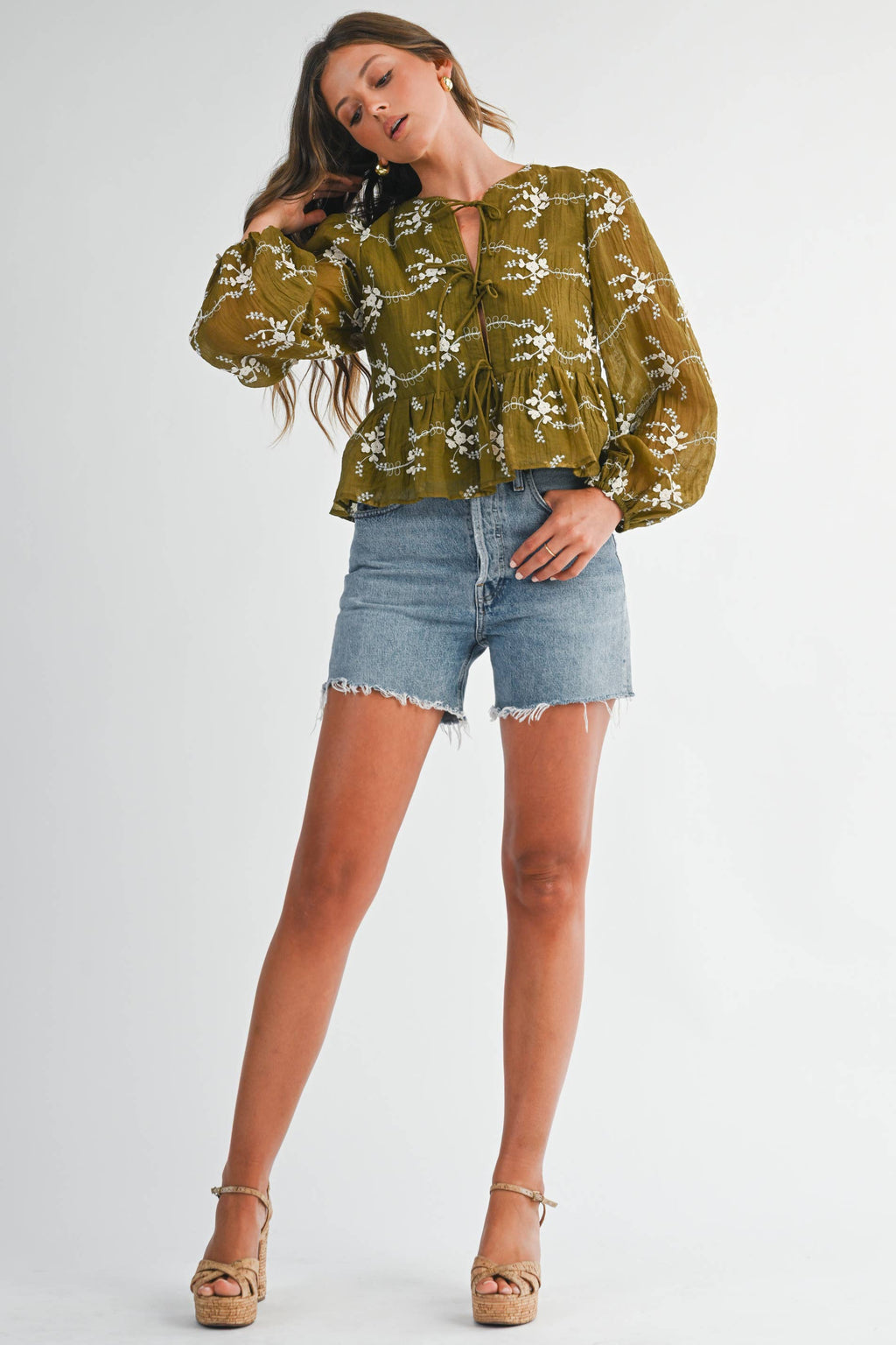Olive Floral Tie Front Peplum