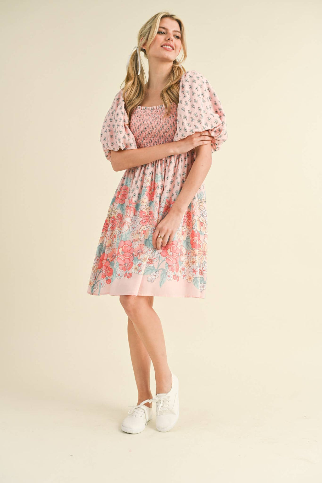 Pink/Peach Floral Smocked Knee Length Dress with Puff Sleeves