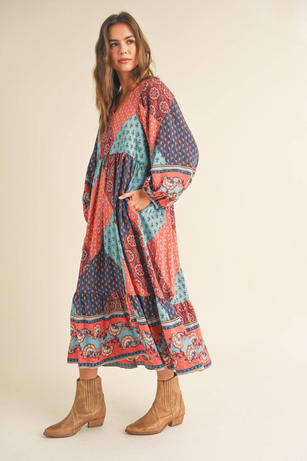 Rust Multi Color Printed Balloon Sleeve Mid Length Dress