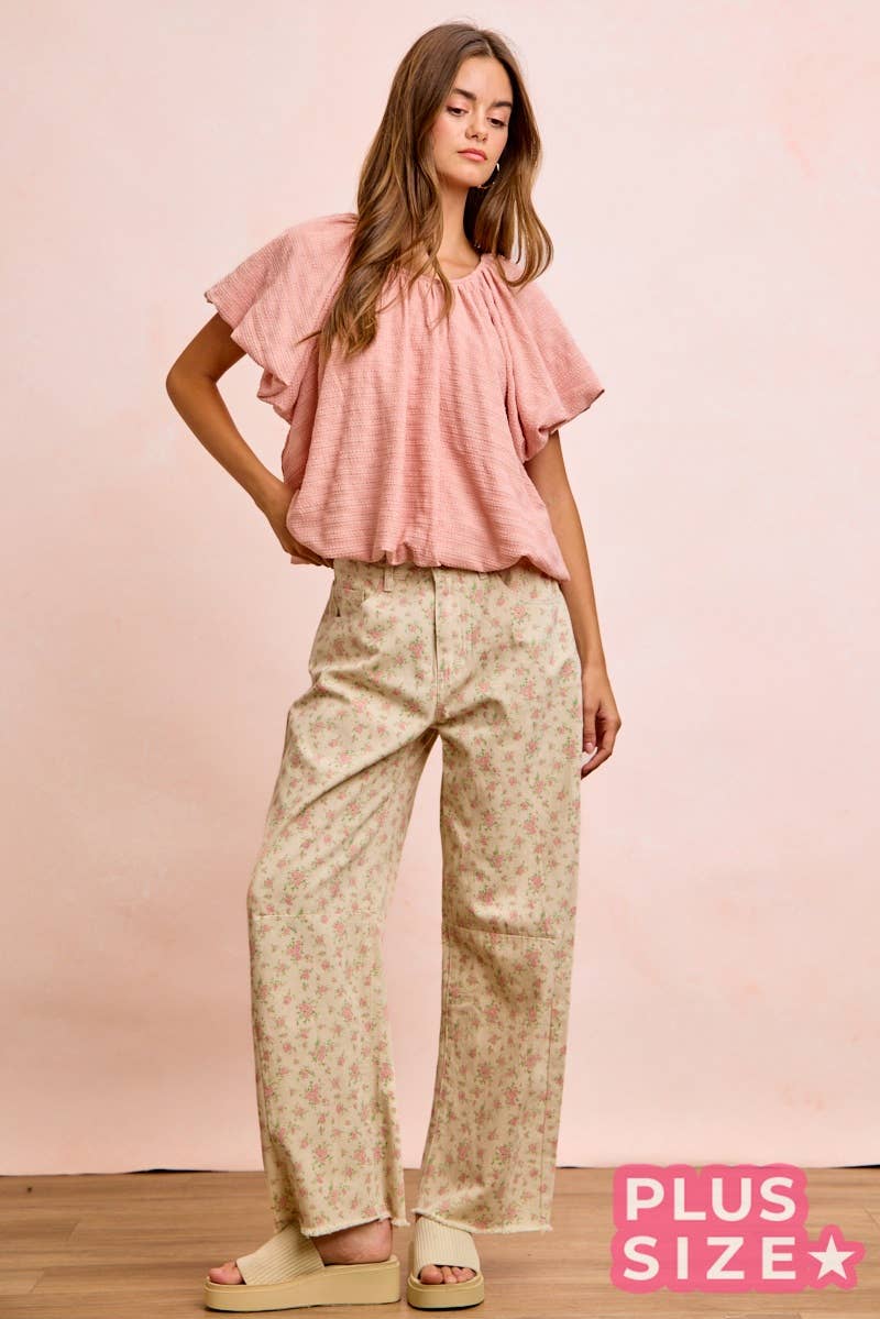 STRIPES TEXTURED SHIRRED NECKLINE BUBBLE HEM TOP