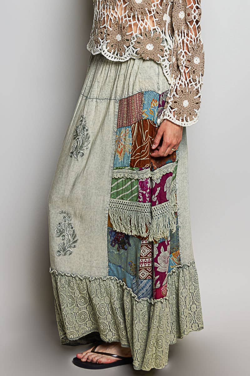 Sage Print Patch Vintage Washing Ruffle Maxi Skirt
