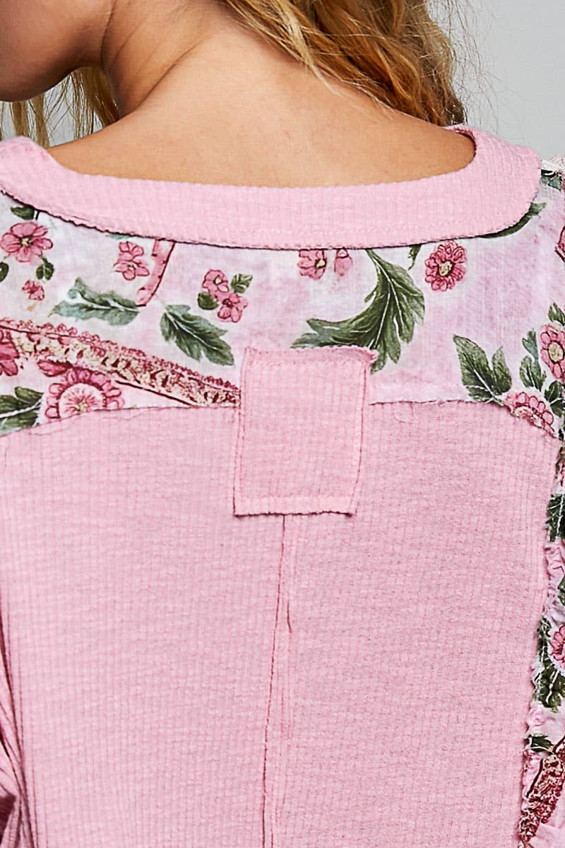 Floral Ruffle Trim Textured Ribbed Long Sleeve Knit Top