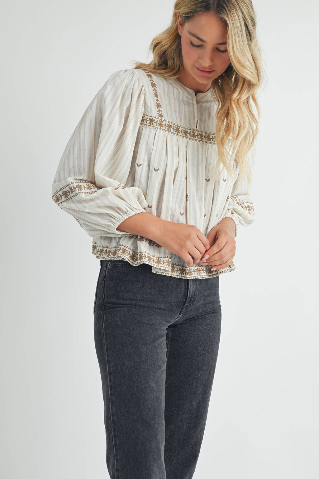 Ivory/Beige Embroidered Puff Long Sleeve Top