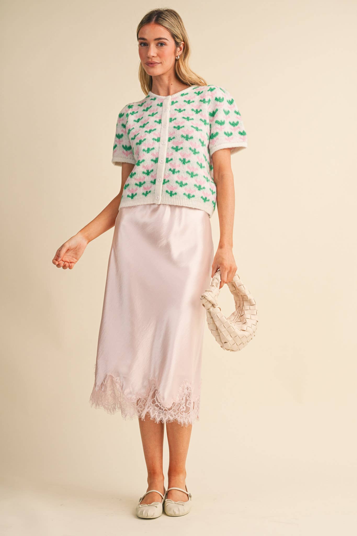 Ballerina Pink Satin Midi Slip Skirt with Lace Hem