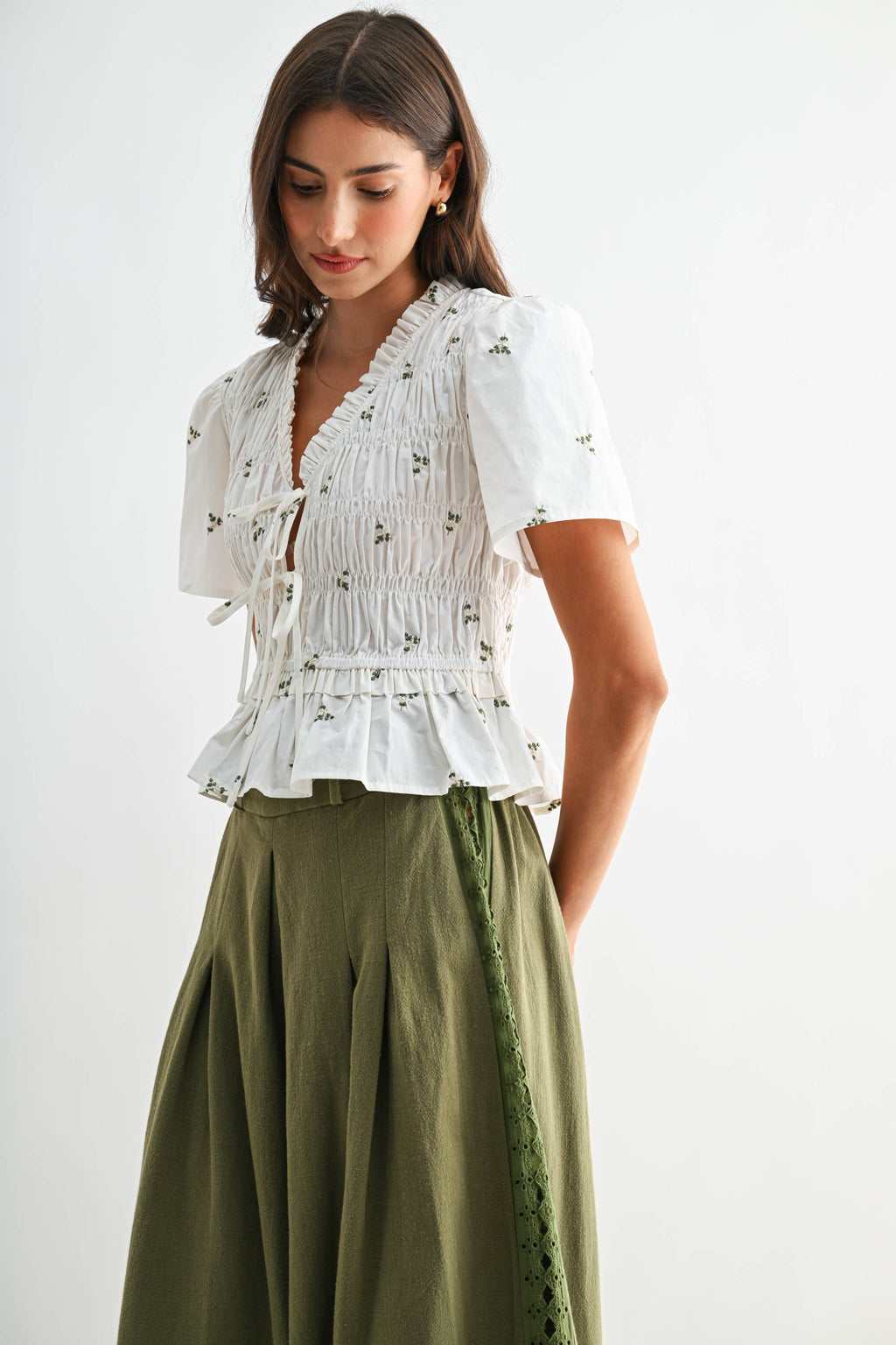 Ivory Floral Tie Front Peplum with Smocking Detail