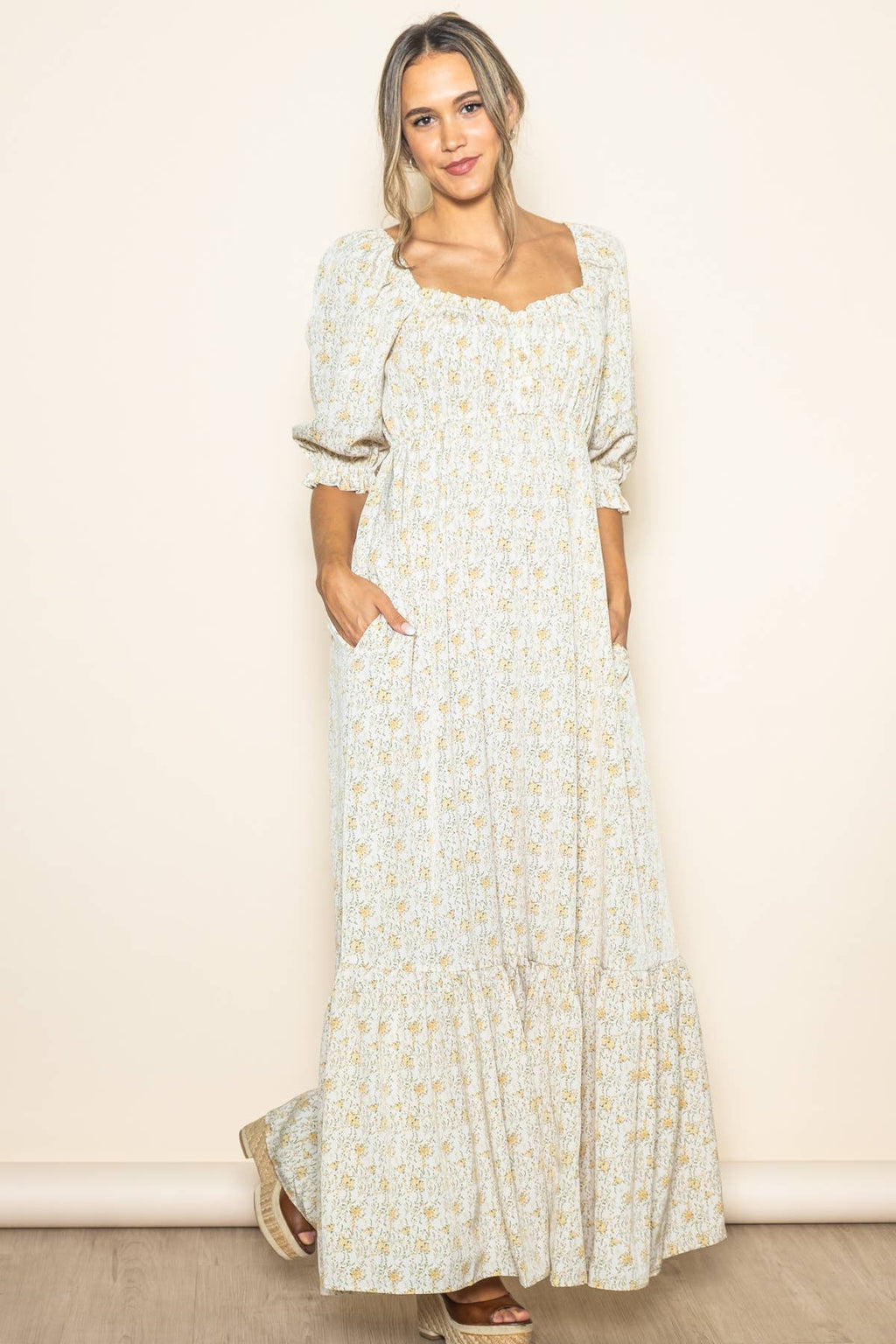 Flowy Babydoll Empire Wide Flare Floral Maxi Dress w Pockets