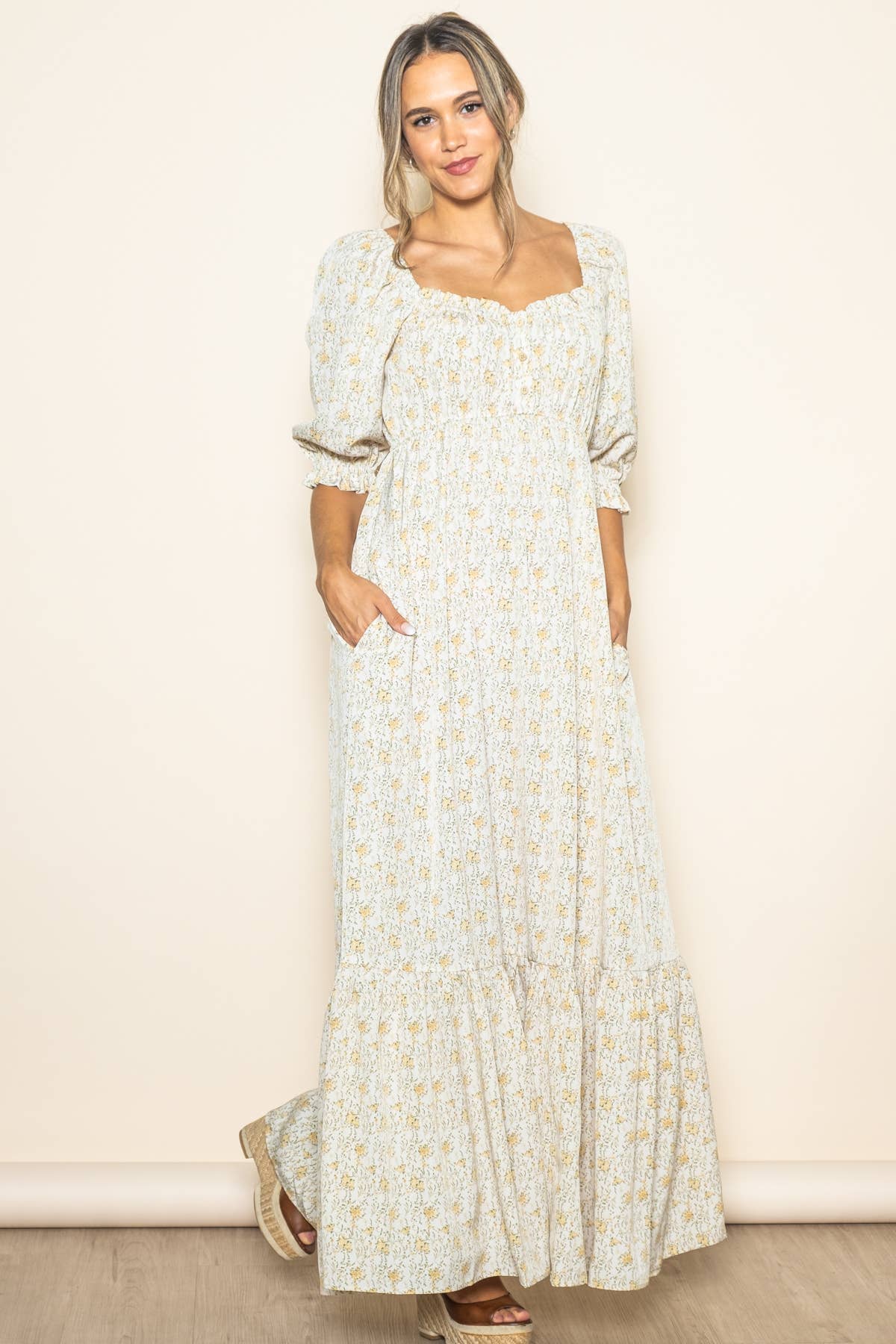 Flowy Babydoll Empire Wide Flare Floral Maxi Dress w Pockets