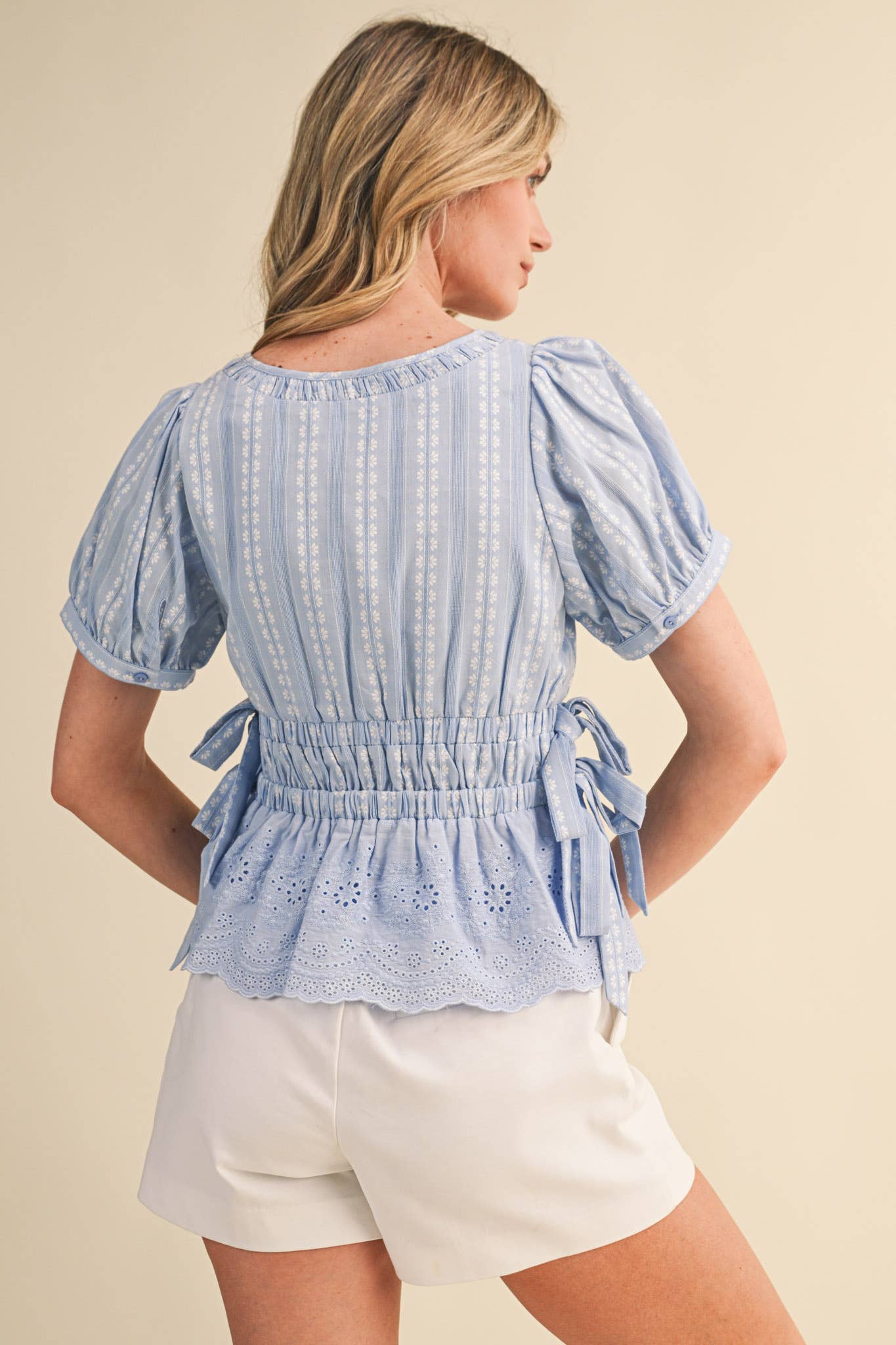 Denim Blue Striped Floral Eyelet Hem Peplum Top