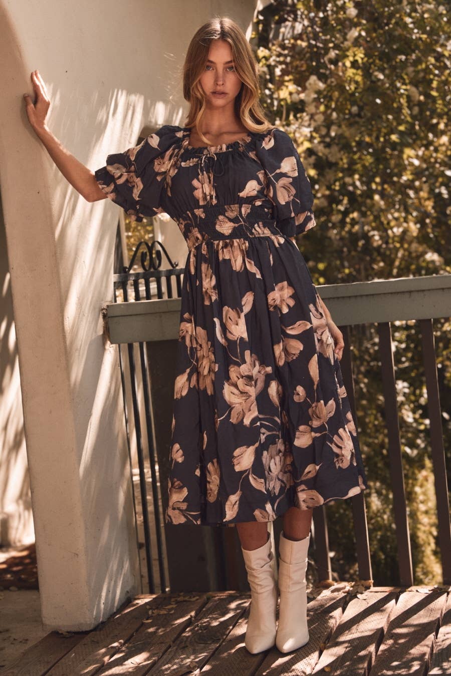 Navy Floral Printed Smocked Waist Midi Dress