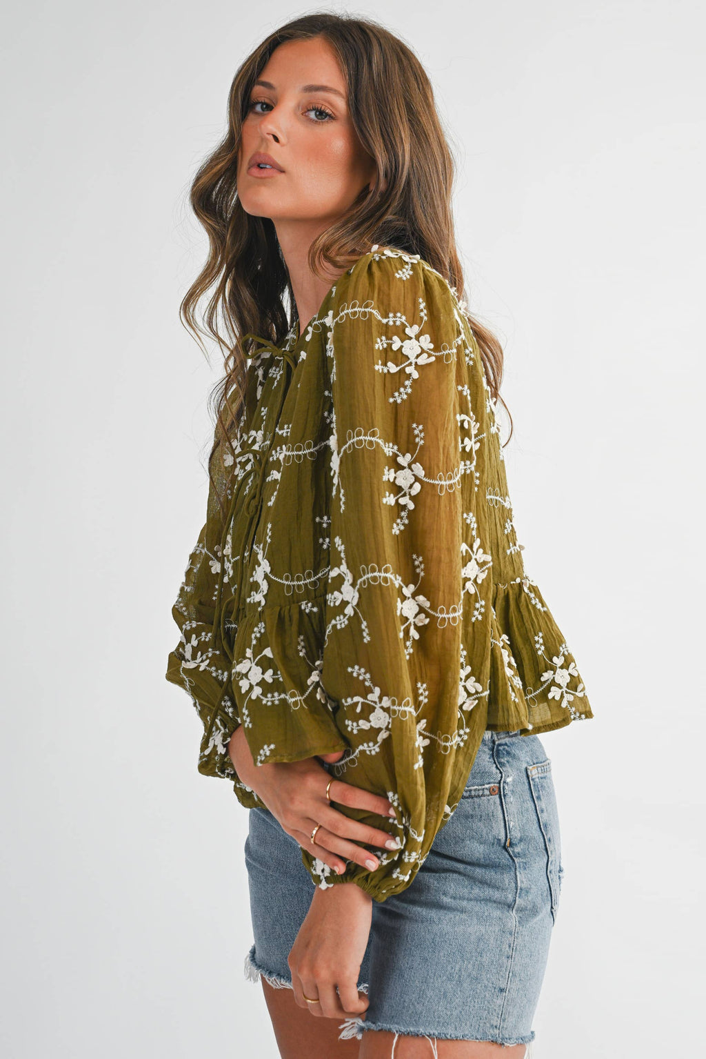 Olive Floral Tie Front Peplum