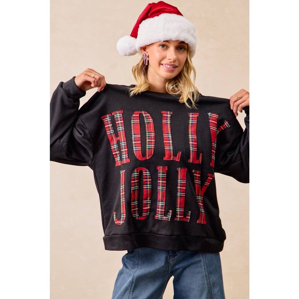 PLAID HOLLY JOLLY LETTERING CHRISTMAS SWEATSHIRT