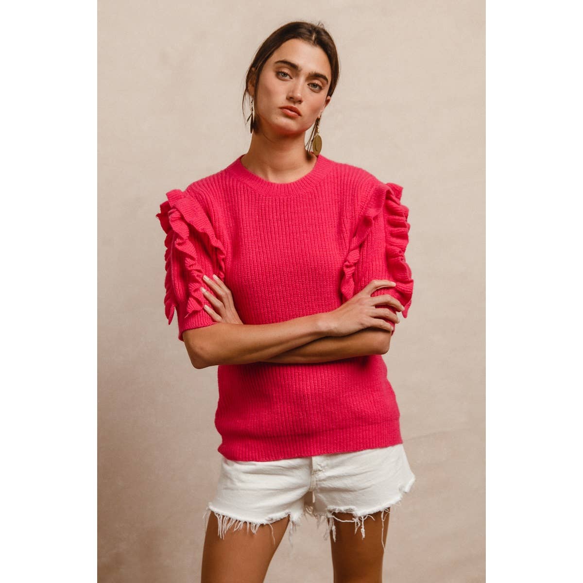 SOLID KNIT RUFFLED SLEEVES TOP