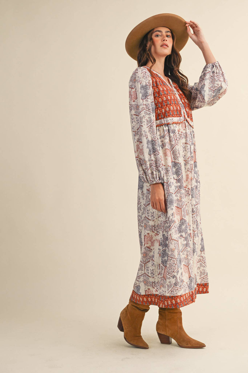 Mustard/Blue Quilted Vest Midi Length Dress