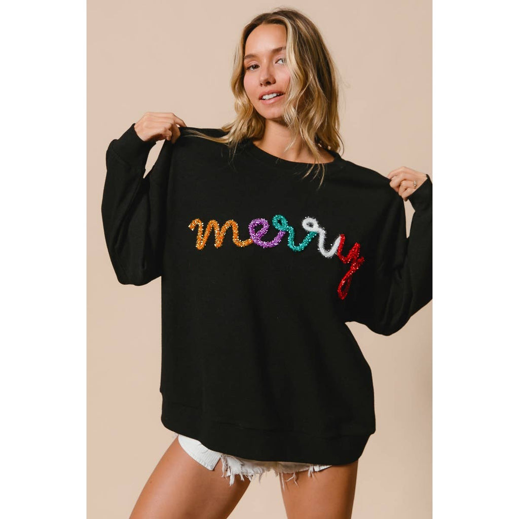 MERRY TINSEL LETTERING TWO TONE RIB PULLOVER