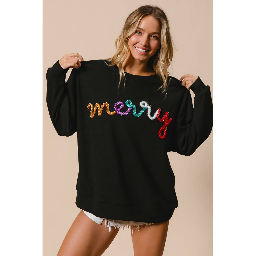 MERRY TINSEL LETTERING TWO TONE RIB PULLOVER