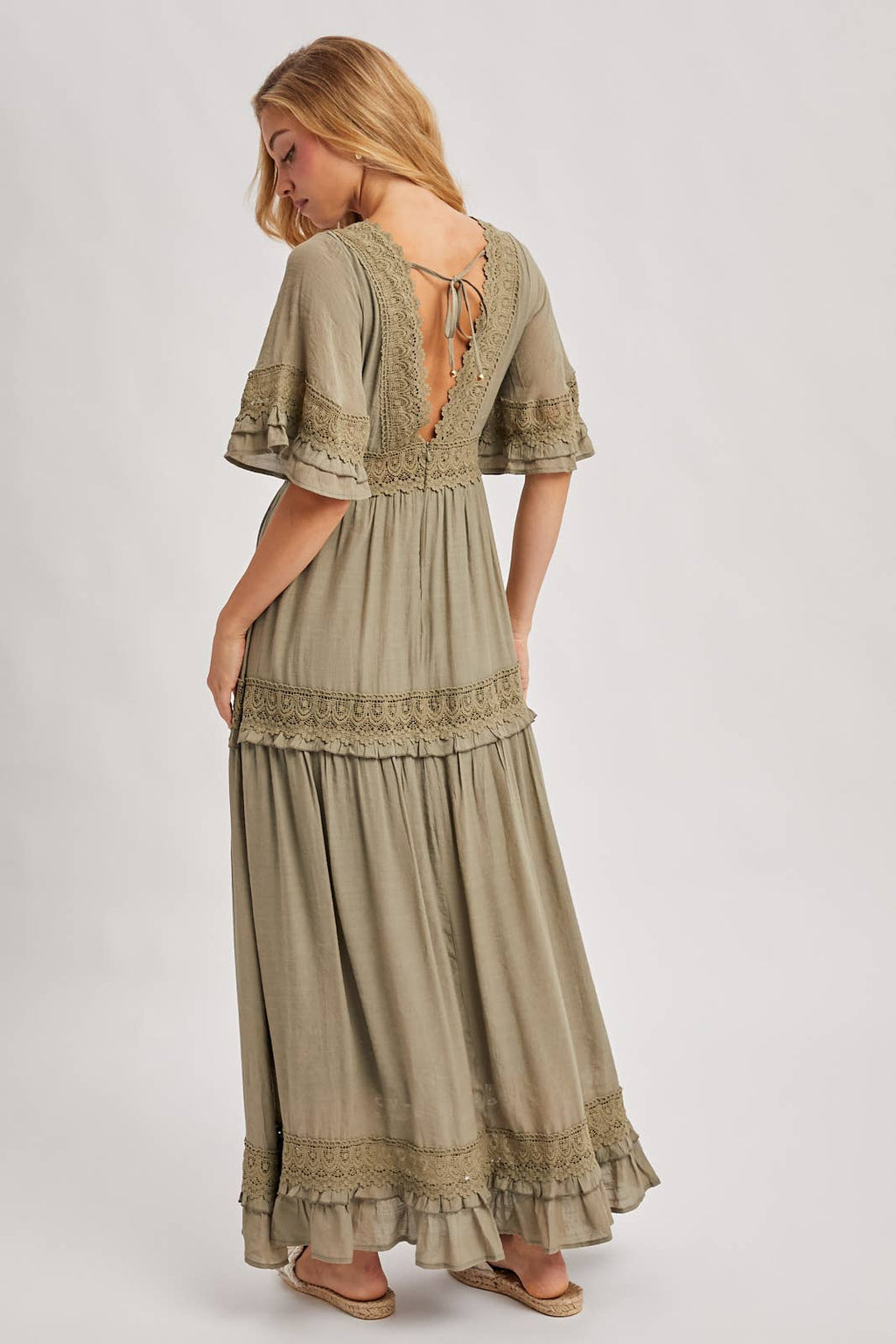 Lace V Neck Maxi Dress with Ruffle Sleeves (Olive & Ivory)