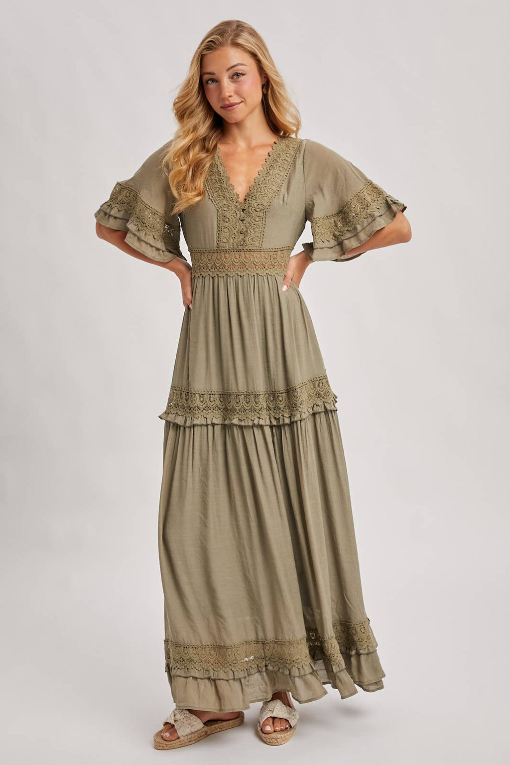Lace V Neck Maxi Dress with Ruffle Sleeves (Olive & Ivory)