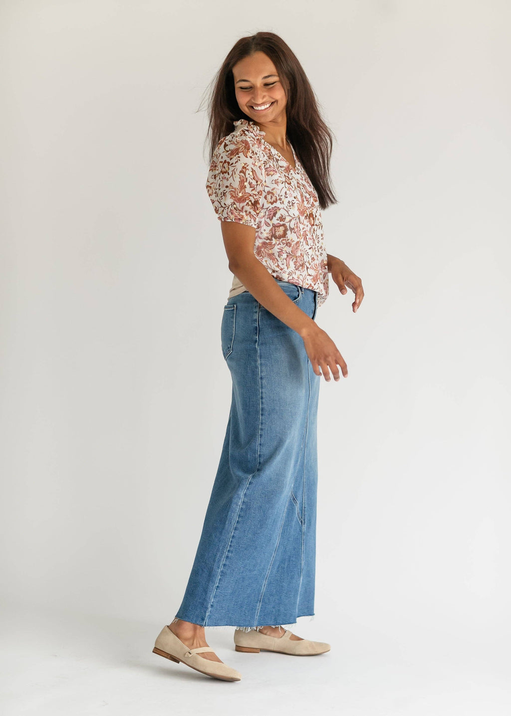 Lee A-Line Raw Hem Maxi Denim Skirt