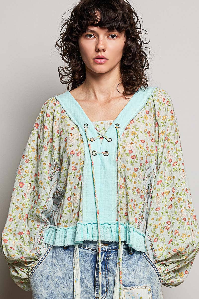Beige/Peach Multi Color V Neck Balloon Sleeve Top