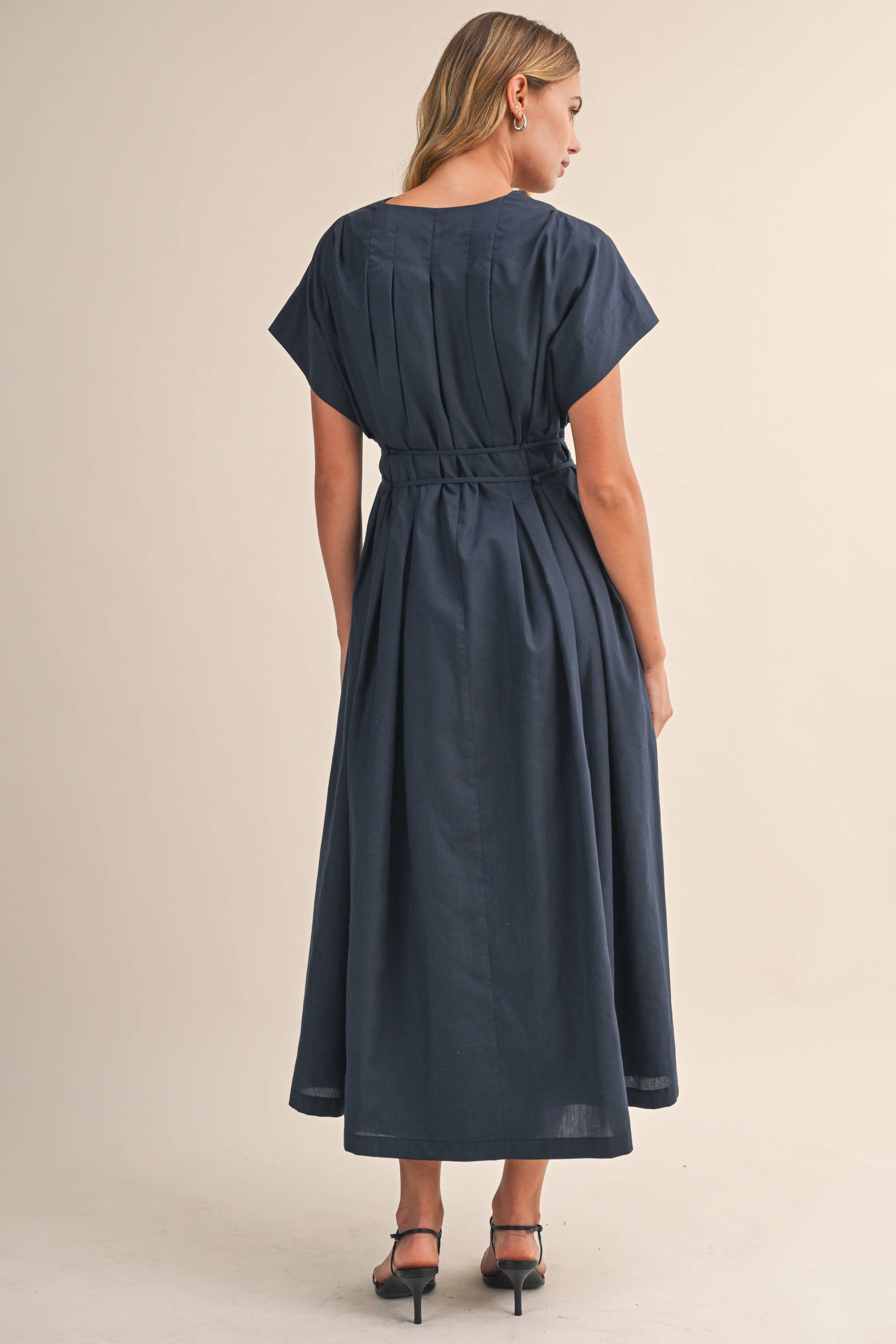 Navy Pleated Belt Mid Length Dress