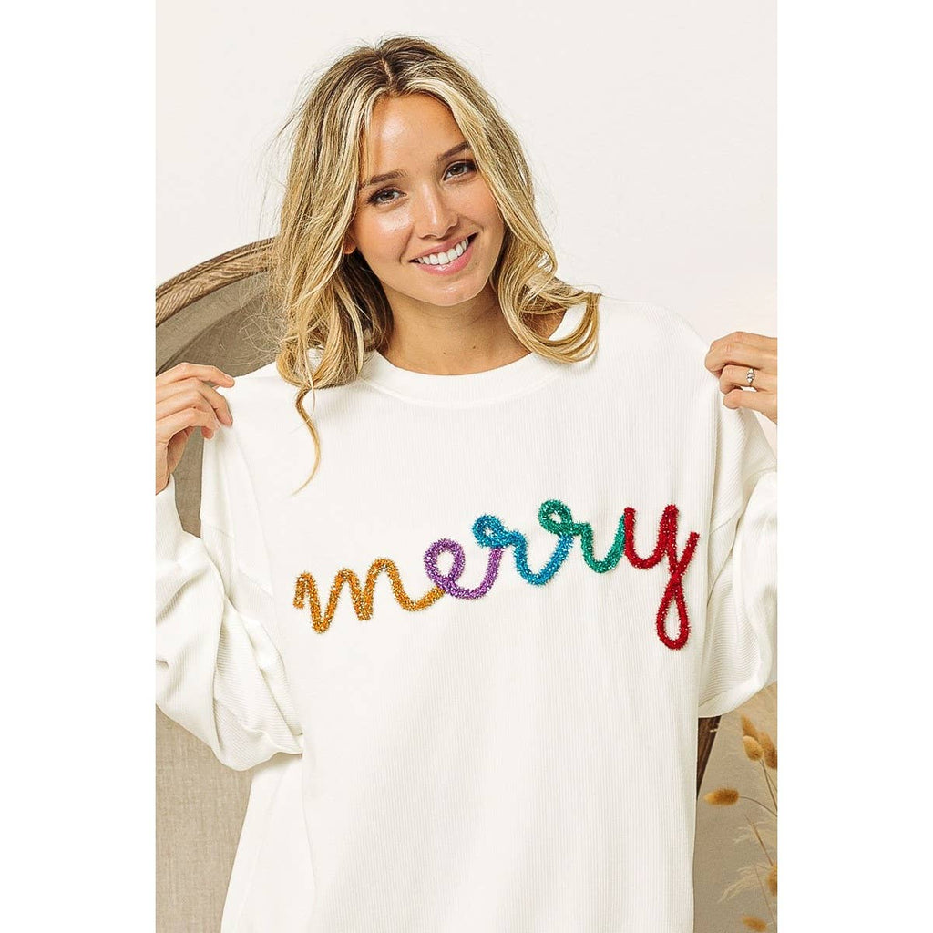 MERRY TINSEL LETTERING TWO TONE RIB PULLOVER