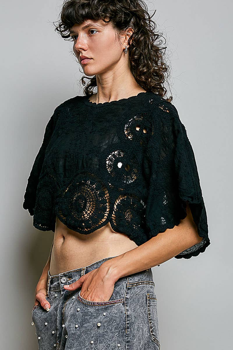 Black Scalloped knitted border Round Neck Crochet 3/4 Sleeve Top