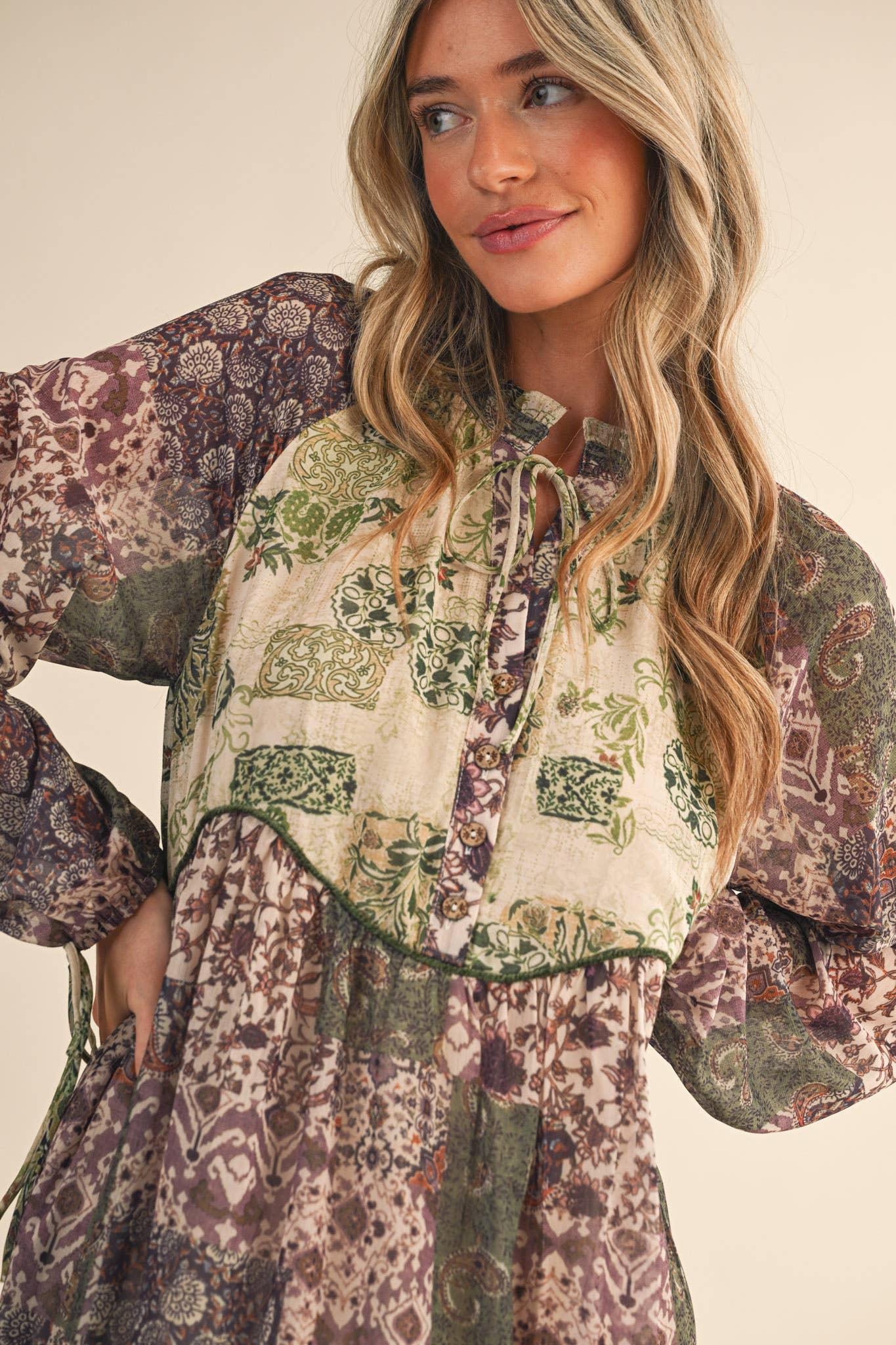 Olive Patchwork Mid Length Dress