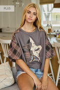 Plus Print Mixed Fabric French Terry Top