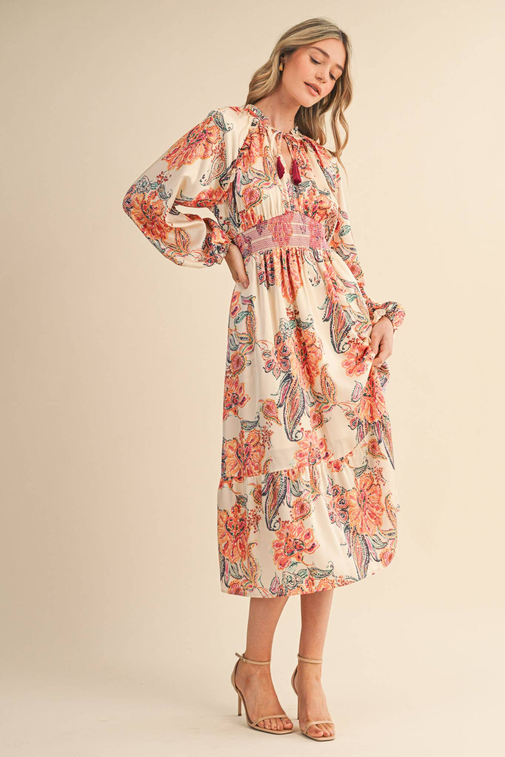 Cream Paisley Dress with Smocked Detail