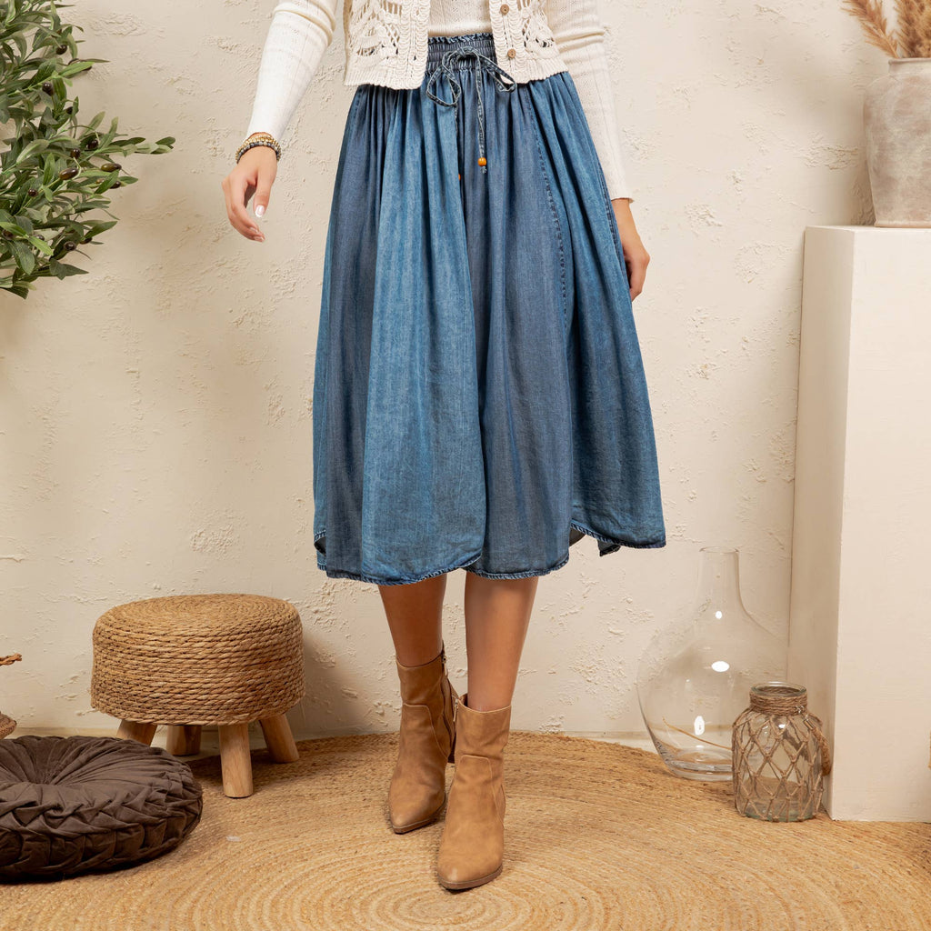 Shirred Elastic Waist Denim Skirt