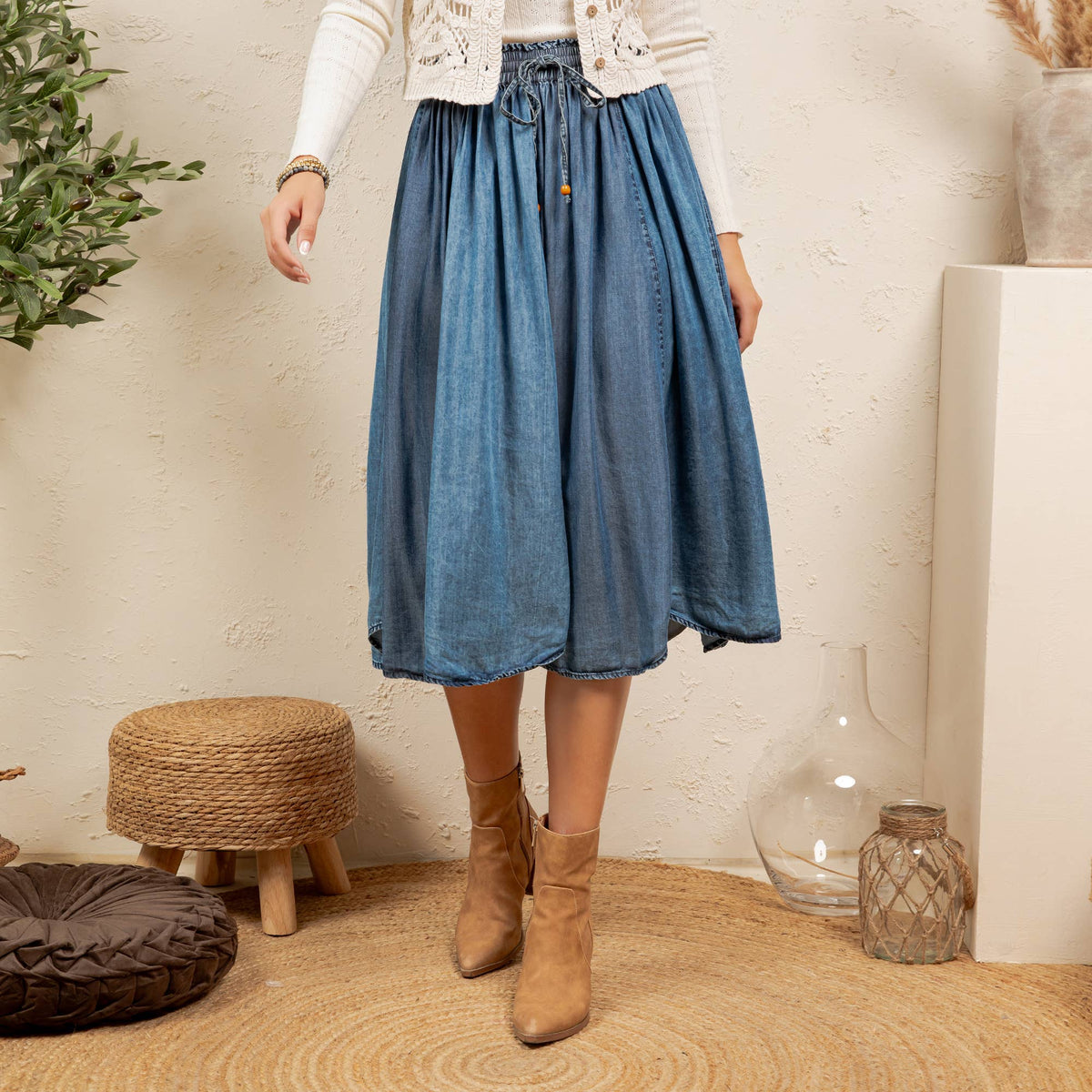 Shirred Elastic Waist Denim Skirt