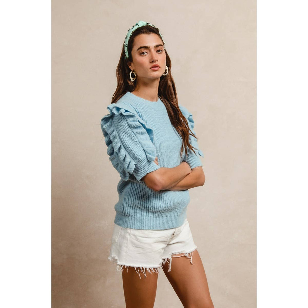 SOLID KNIT RUFFLED SLEEVES TOP
