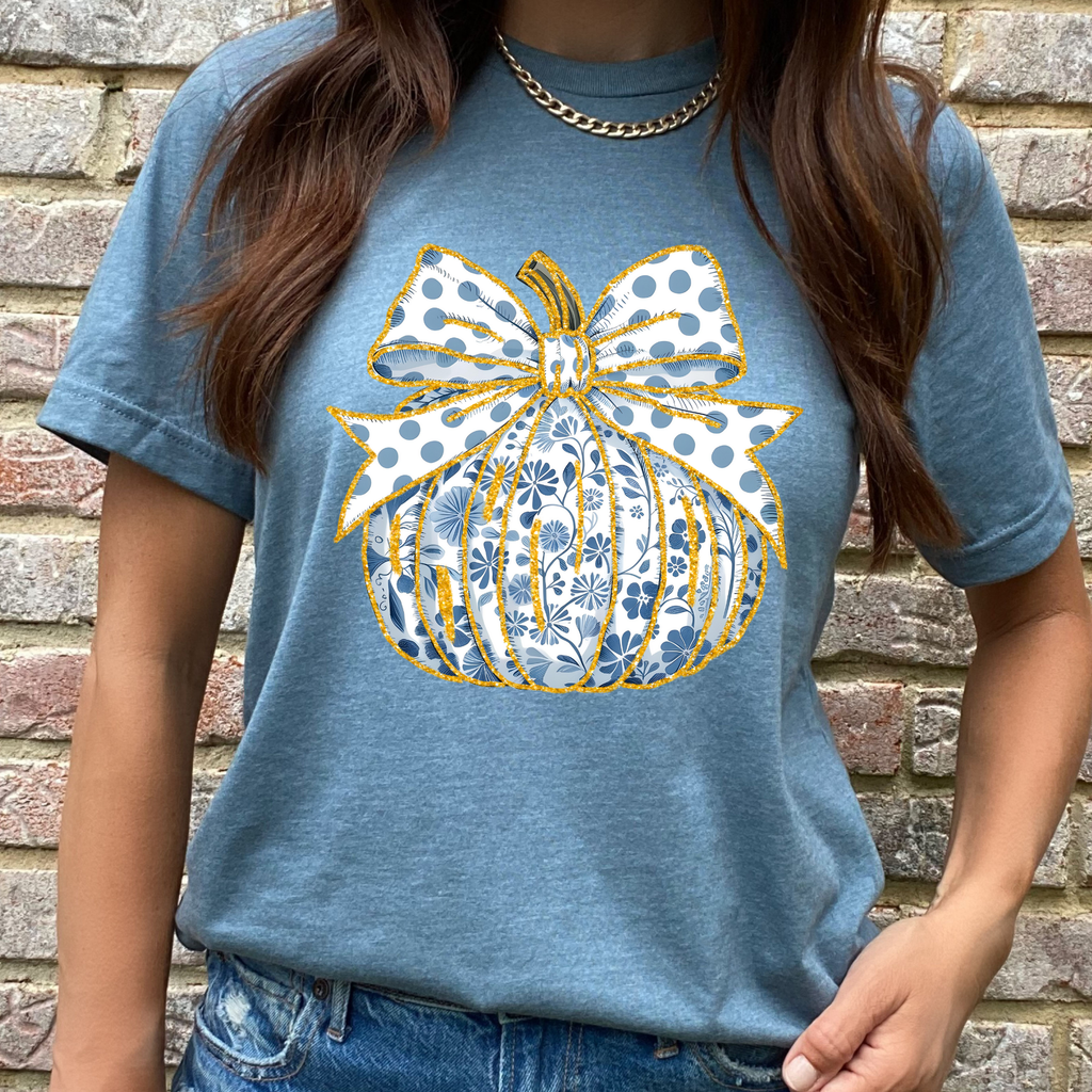Blue and White Floral Pumpkin Graphic Tee