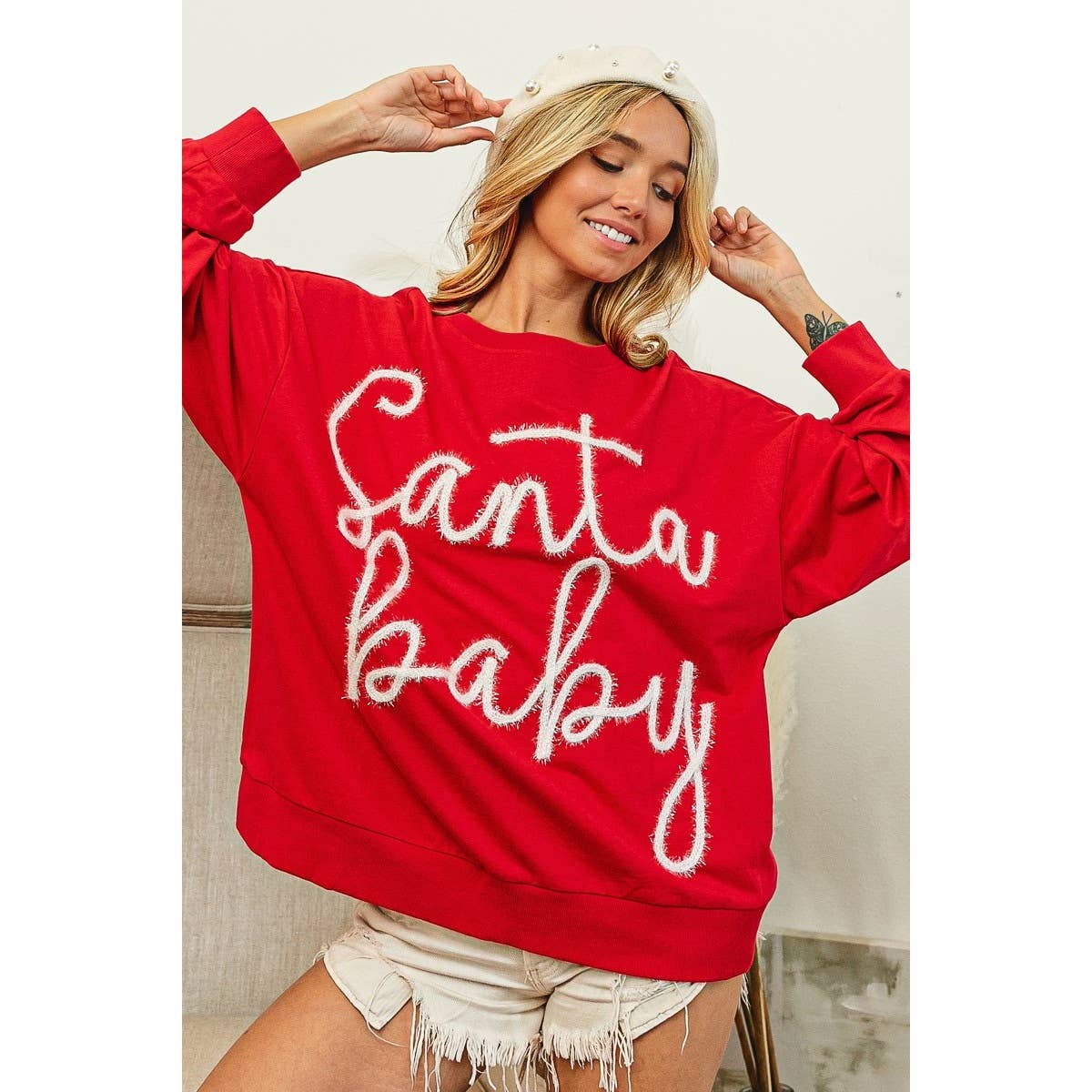 TINSEL SANTA BABY LETTERING CHRISTMAS SWEATSHIRT