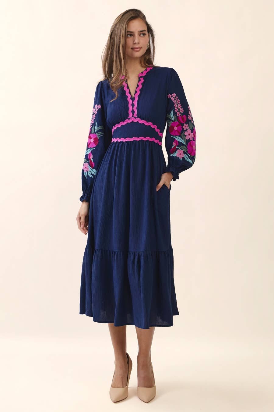 Embroidered Tiered Midi Dress