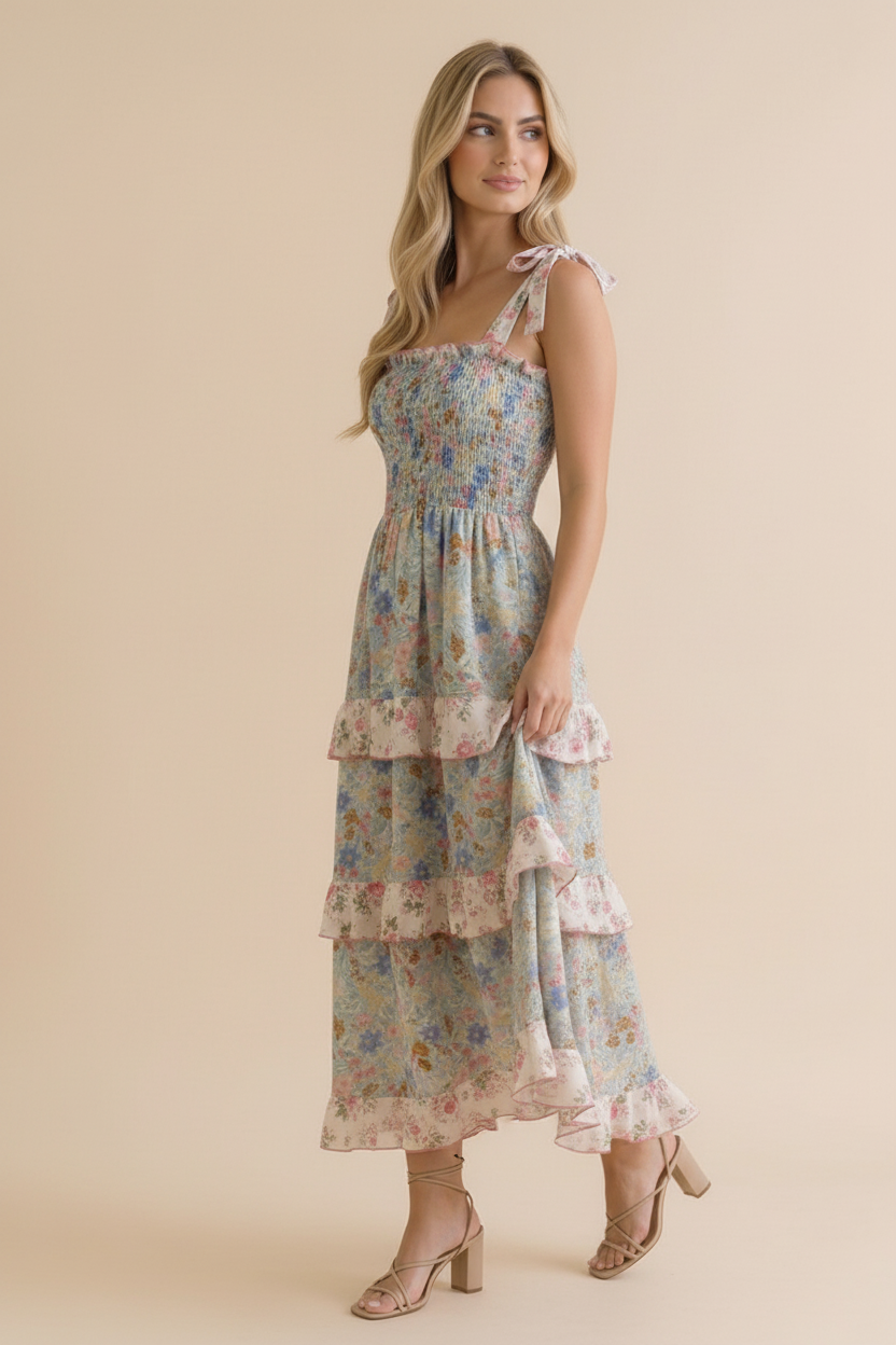 Plus Smocking Tube Color Block Floral Maxi Dress