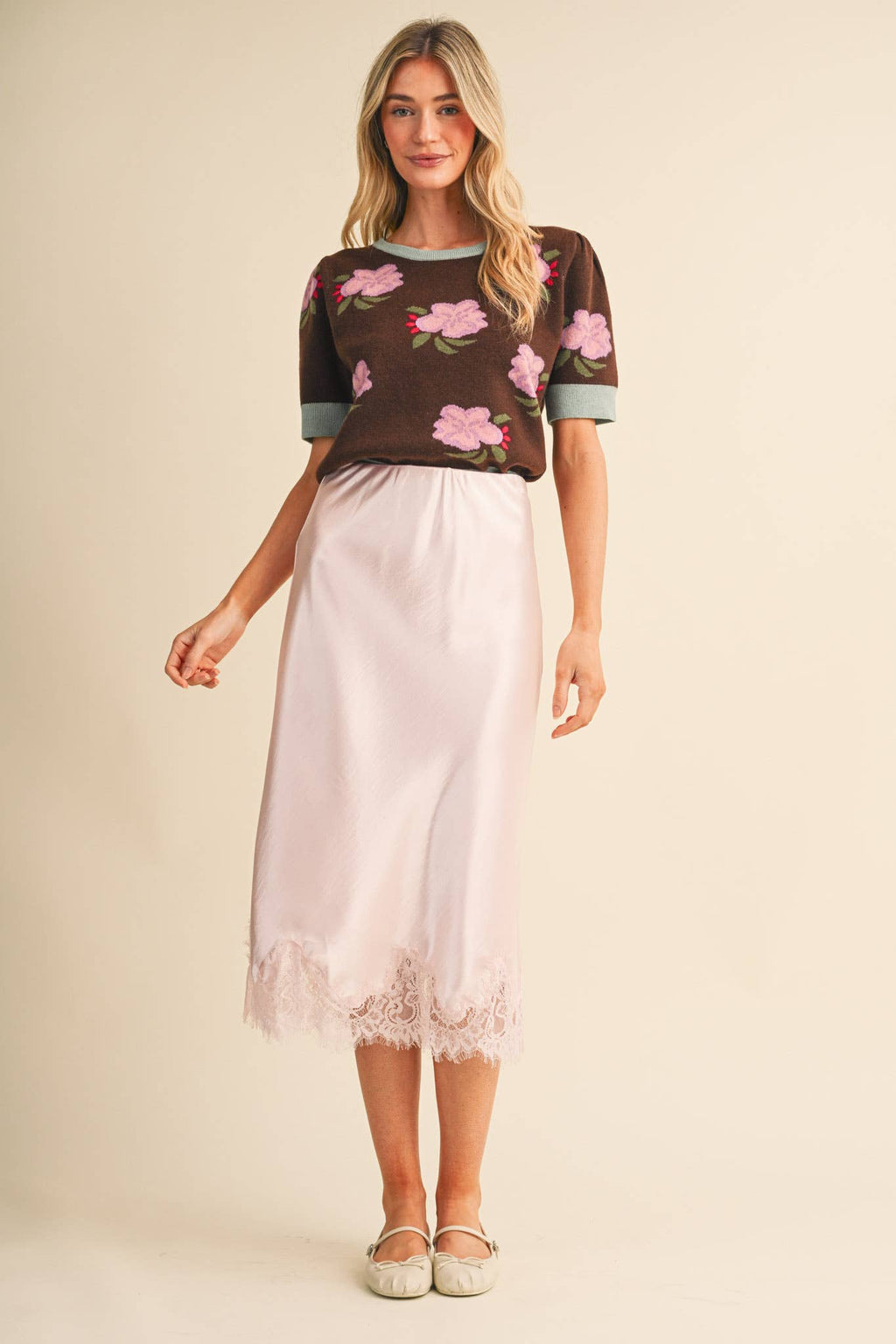Ballerina Pink Satin Midi Slip Skirt with Lace Hem